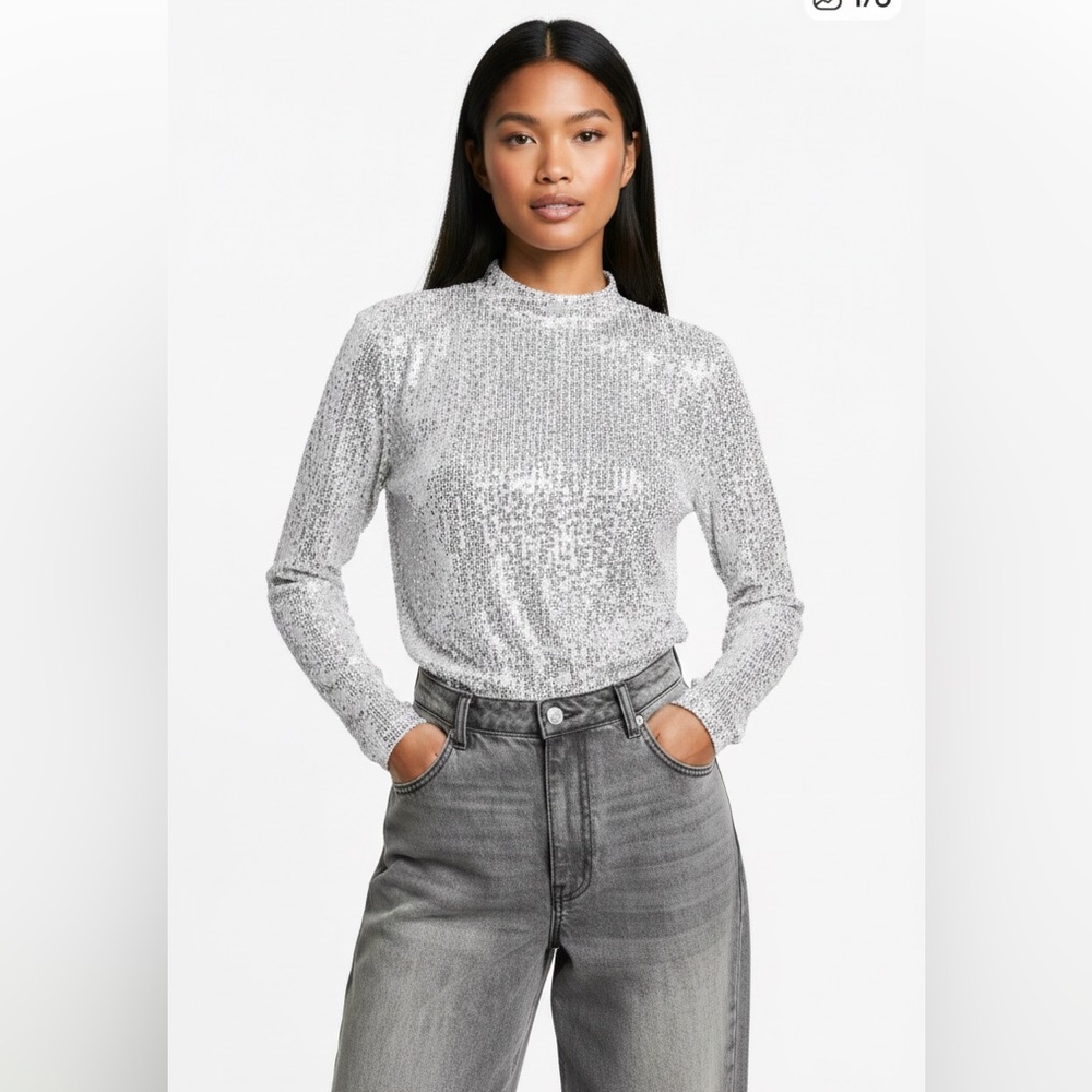 BAILEY Silver Sequin Mock Neck Top Size XXL Long Sleeve